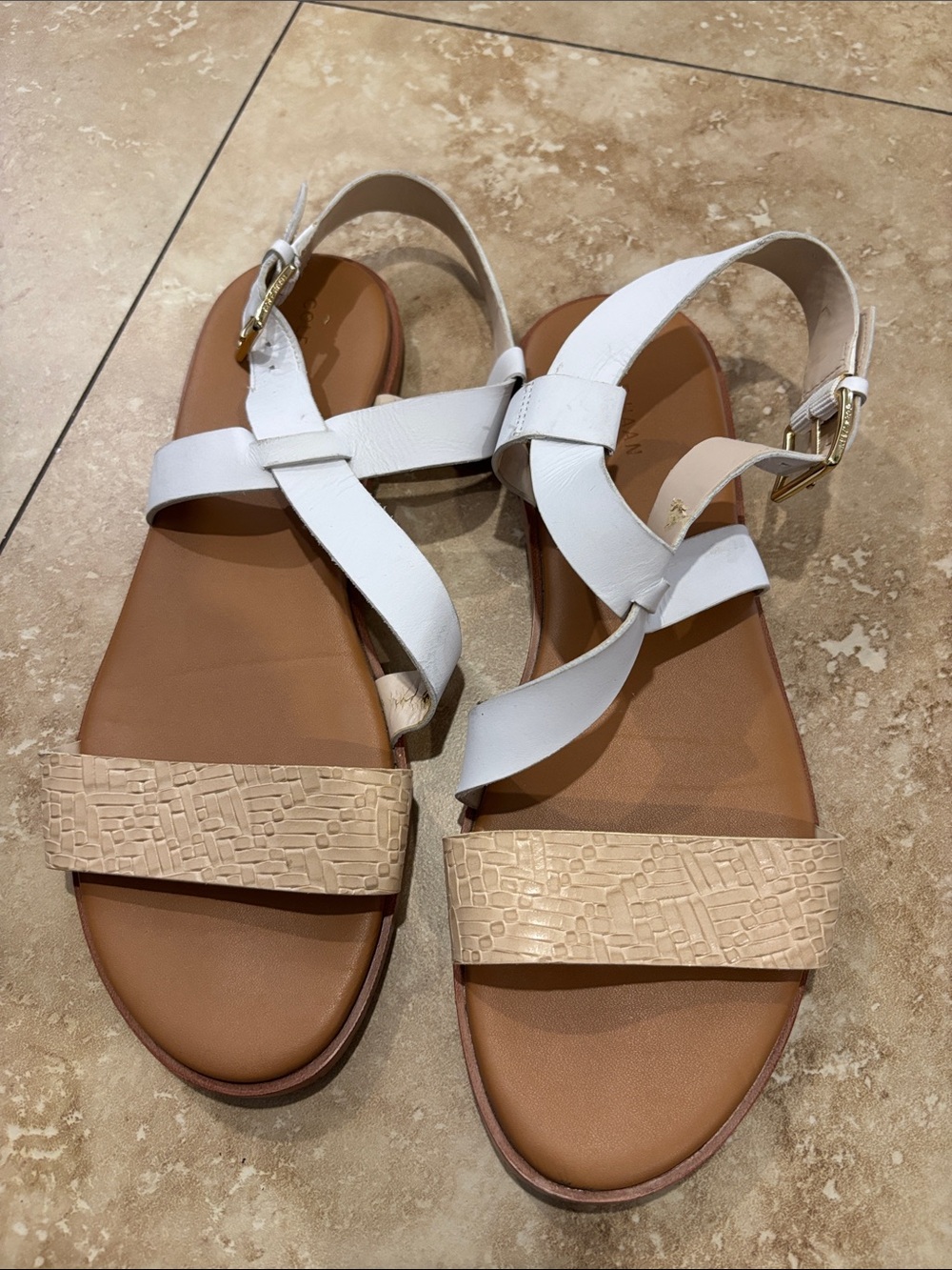 Cole Haan White and Beige Leather Cross-Strap Slingback Sandals